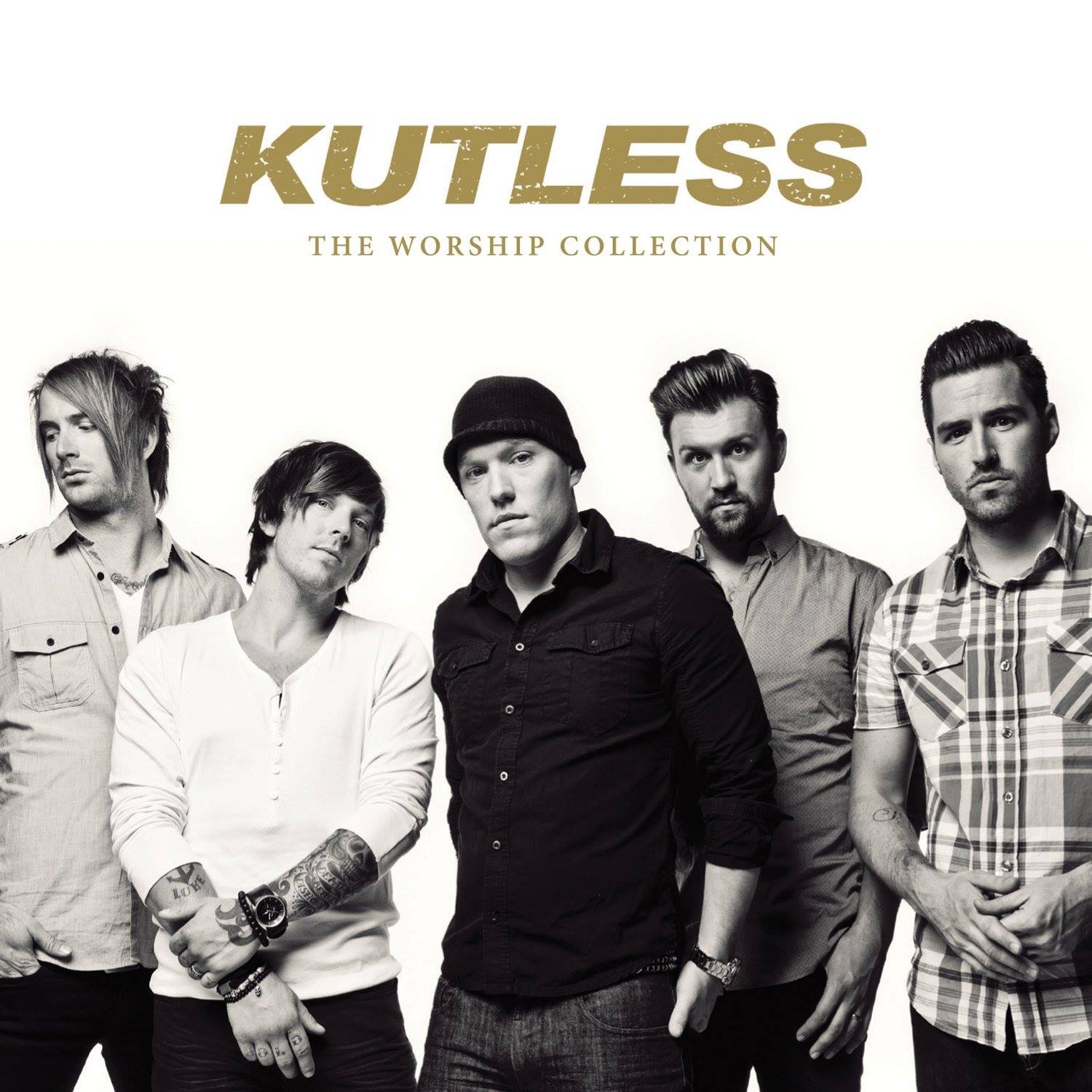 Five men pose under the title "Kutless: The Worship Collection" in a black-and-white photo.