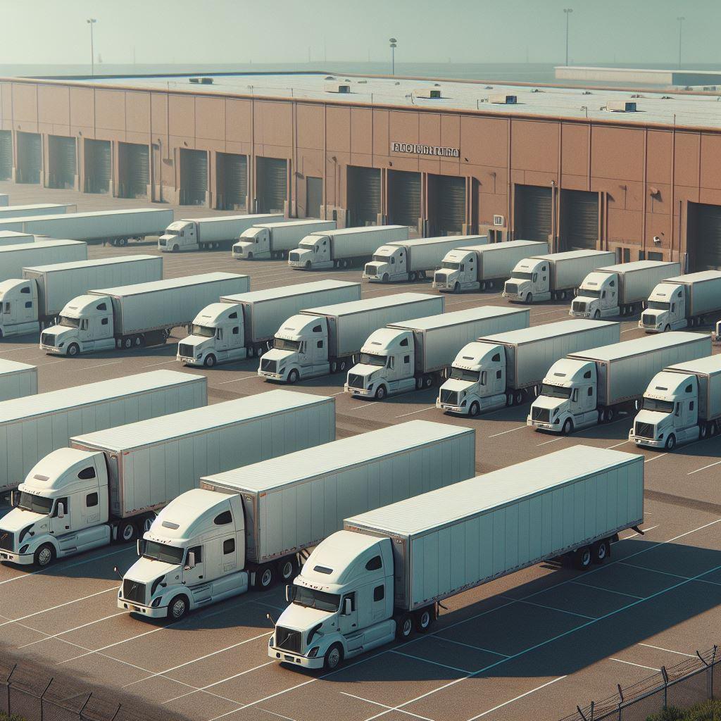 A fleet of white semi-trucks is parked in rows outside a large warehouse building.