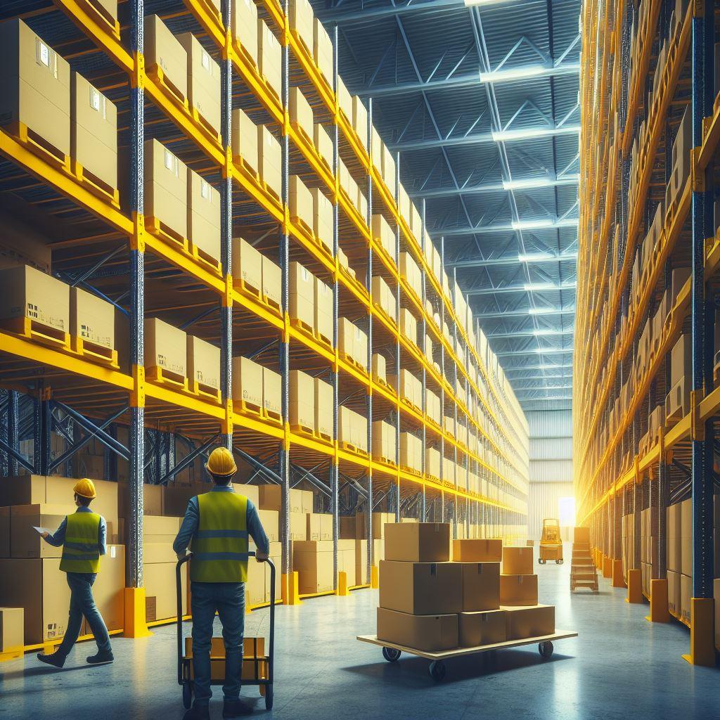 Workers in a large warehouse move boxes between tall, yellow shelves under bright lighting.