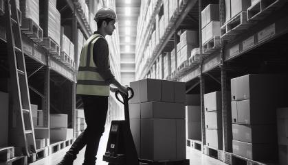 Worker using a pallet jack to move boxes in a warehouse aisle.