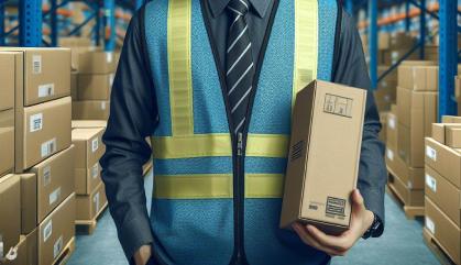 Worker holding a small package while standing in a warehouse.