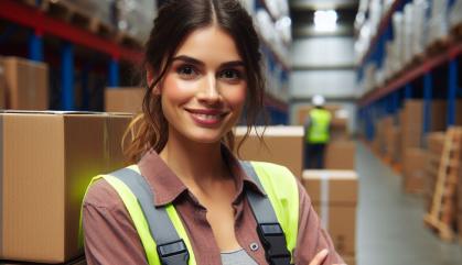 Smiling female worker with crossed arms in a warehouse aisle.