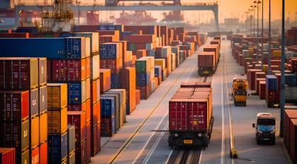 Shipping containers and trucks at a busy port.
