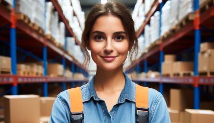 Smiling female worker standing in a warehouse aisle.