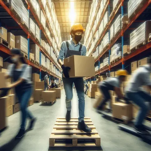 Woman in a hard hat inspecting boxes with a tablet in a warehouse.