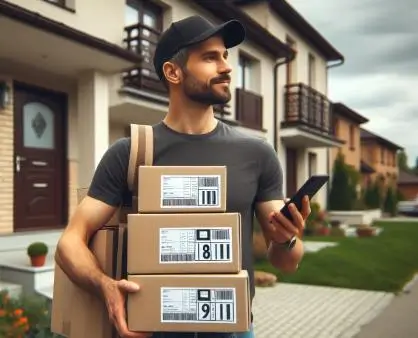 A delivery man holds packages and checks his phone in front of suburban houses.