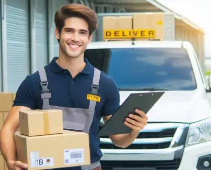 A smiling delivery man holds packages and a clipboard in front of a van.