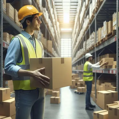 Worker in a hard hat and vest carries a box in a warehouse aisle.