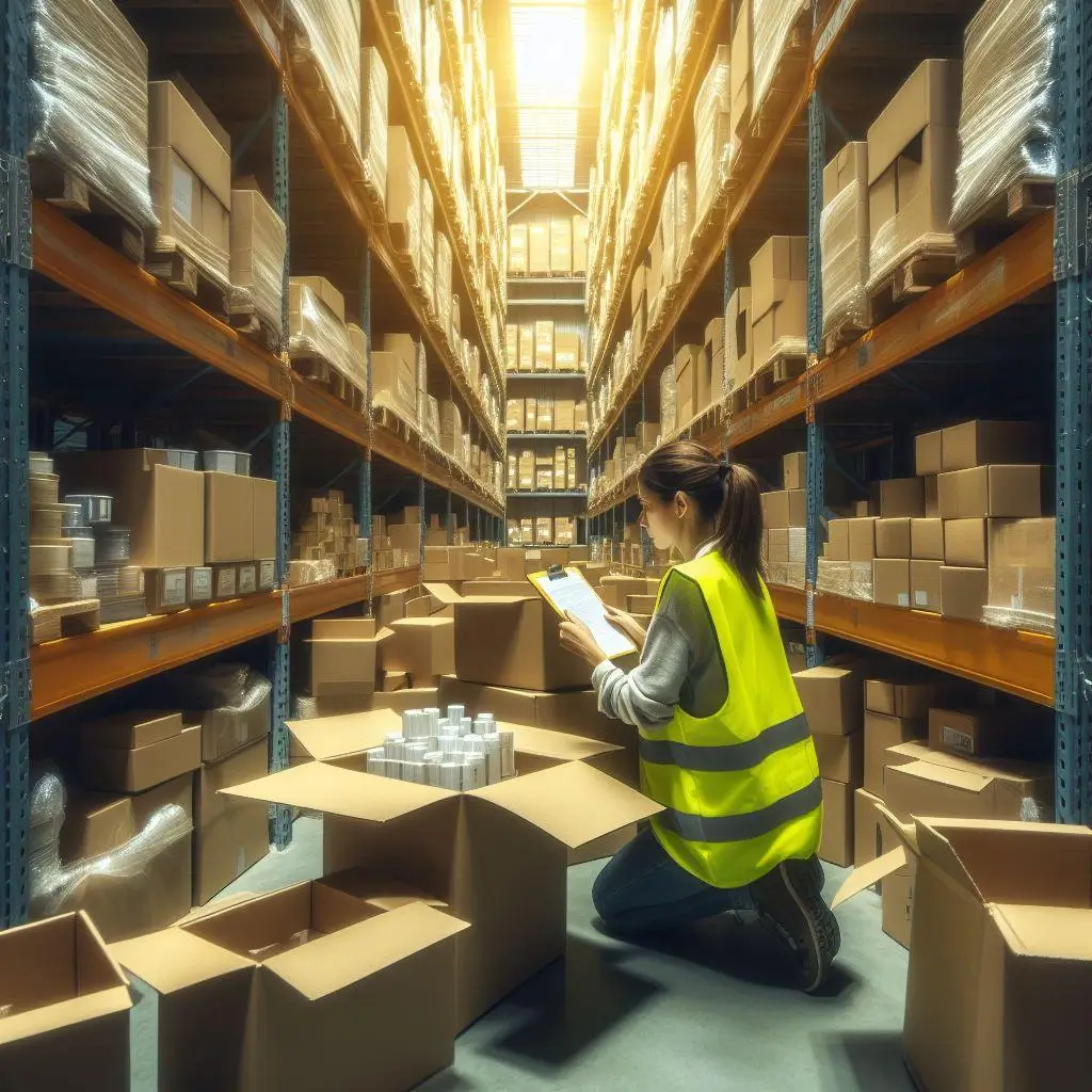 Worker in a safety vest inspects boxes and inventory in a warehouse aisle.
