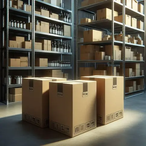 Cardboard boxes stacked in a warehouse with shelves filled with bottles and more boxes.
