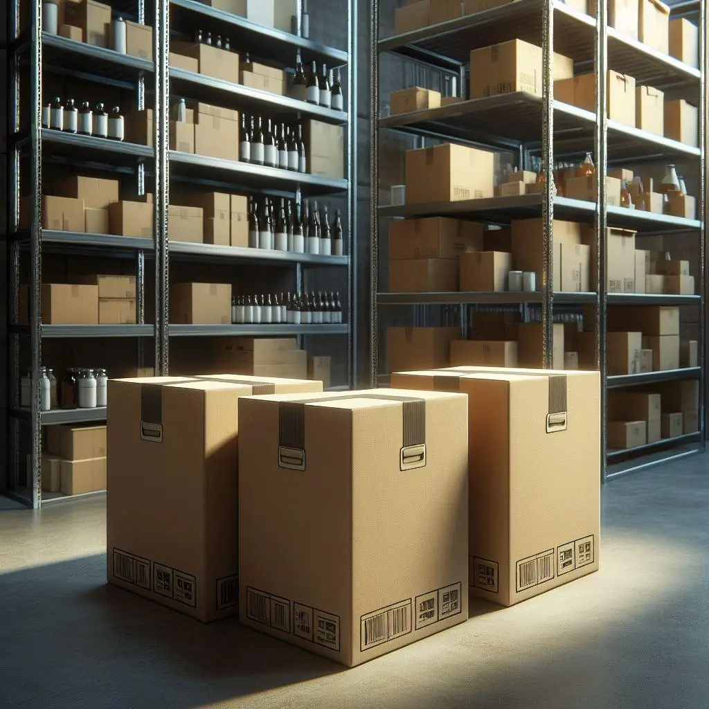 Cardboard boxes stacked in a warehouse with shelves filled with bottles and more boxes.