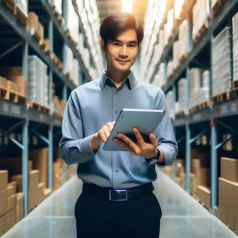 Man using a tablet in a warehouse aisle.