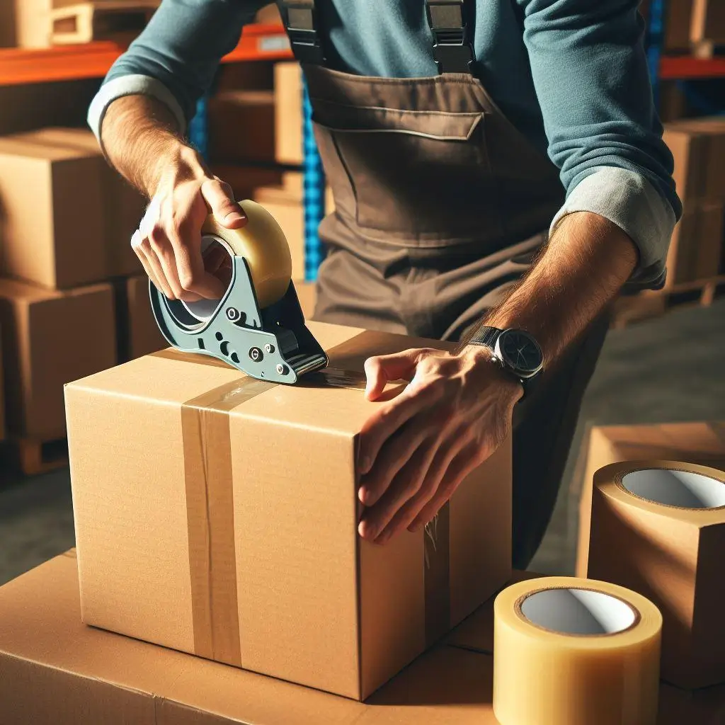 Man sealing a cardboard box with tape in a warehouse