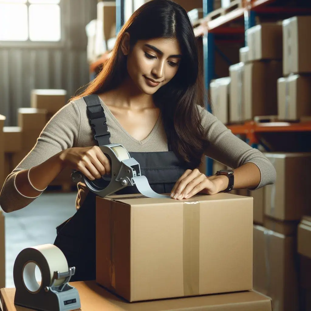 Woman sealing a box with tape in a warehouse.