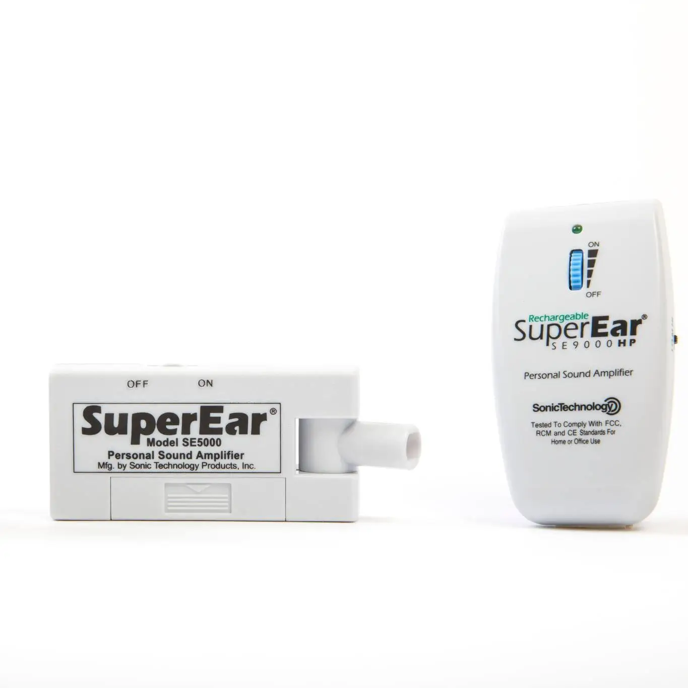Two SuperEar personal sound amplifiers, one rechargeable and one standard model.
