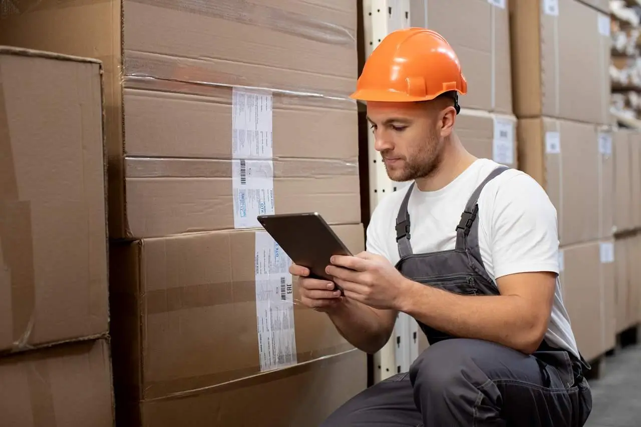 Man in an orange helmet using a tablet next to stacked boxes in a warehouse.