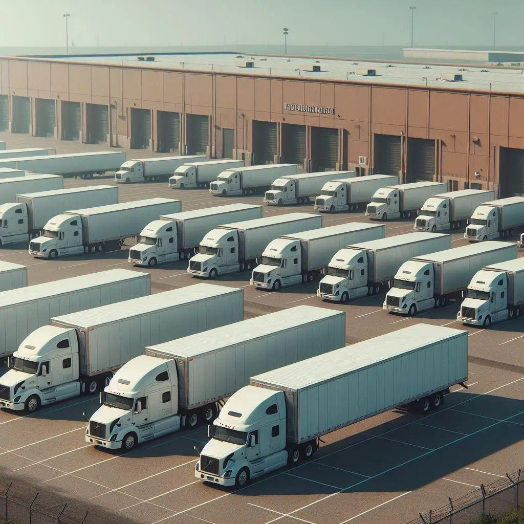 A fleet of white semi-trucks is parked in rows outside a large warehouse building.