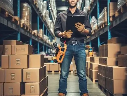 Worker holding a clipboard and drill in a warehouse aisle.