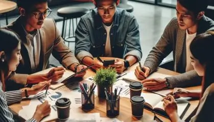Group discussing work at a table with coffee cups and documents.