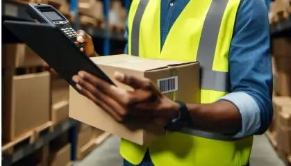 Worker scanning a package with a tablet in a warehouse.