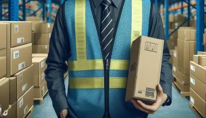 Worker holding a small package while standing in a warehouse.