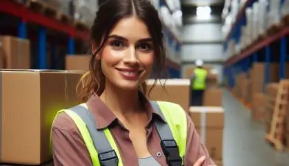 Smiling female worker with crossed arms in a warehouse aisle.