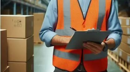 Worker with clipboard inspecting boxes in a warehouse.