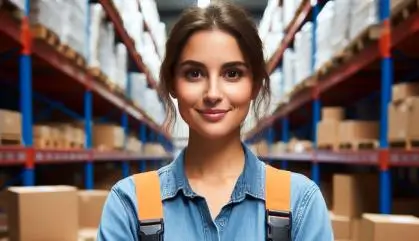 Smiling female worker standing in a warehouse aisle.