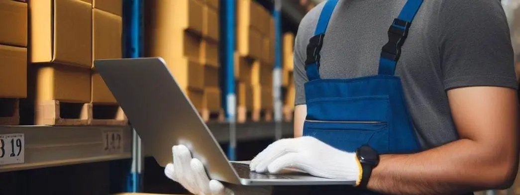 Worker using a laptop in a warehouse with shelves of boxes.