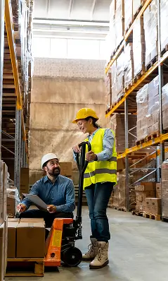 Empleados de trabajo en equipo en el almacen