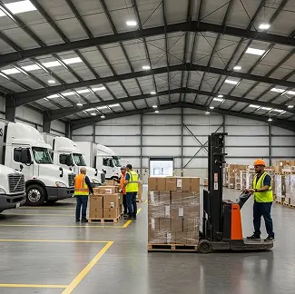 Empleados de trabajo en equipo en el almacen