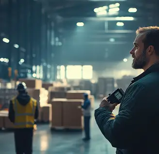 Empleados de trabajo en equipo en el almacen